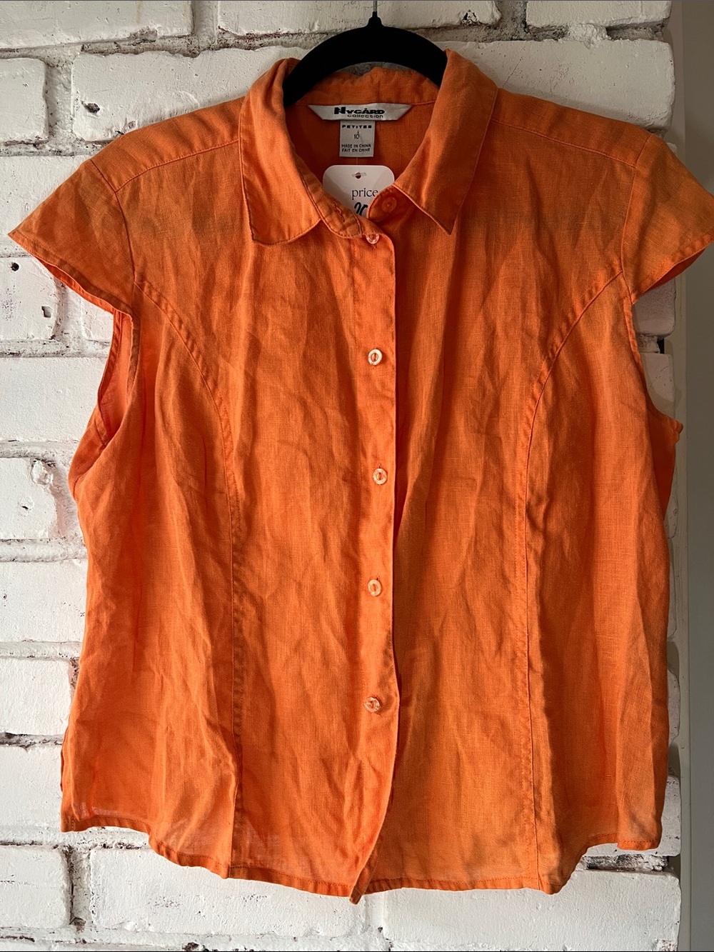 Cap sleeve tailored Bright Orange Sleeveless Button-Down Linen Top 90s